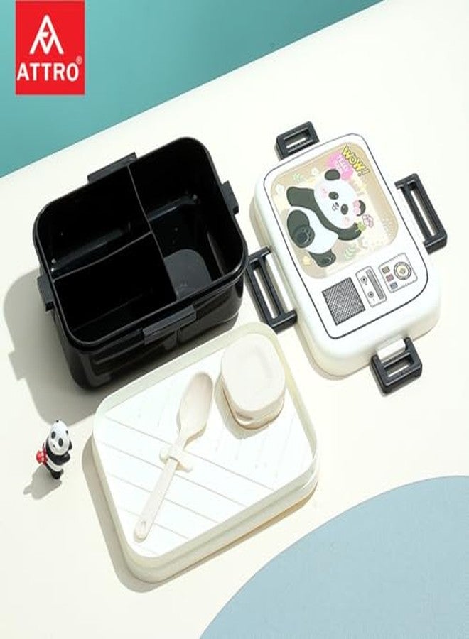 ATTRO Craze Panda Theme Kids Lunch Box with 3 Compartment, 1 Separate Internal Lid, 1 Small Container & Spoon Microwave Safe- 1290ml+70ml White - Image 3